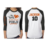 Glitter Baseball Mom Shirt | 3/4 Sleeve Raglan Shirt | My Heart is on that Field | Customized Baseball Mom Shirt
