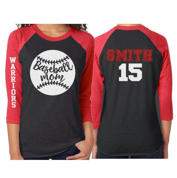 Glitter Baseball Mom Shirt| Baseball Shirt | 3/4 Sleeve | Customize Your  Team & Colors