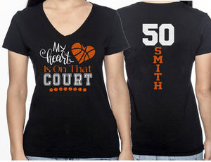 Glitter Basketball Mom Shirt | My Heart is on that Court | V-neck Short Sleeve Shirt | Customized Name & Colors