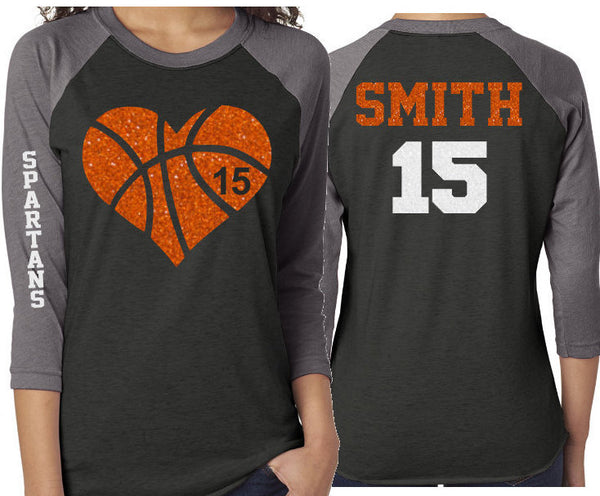 Glitter Basketball Mom Shirt My Heart is on the Court 3/4 